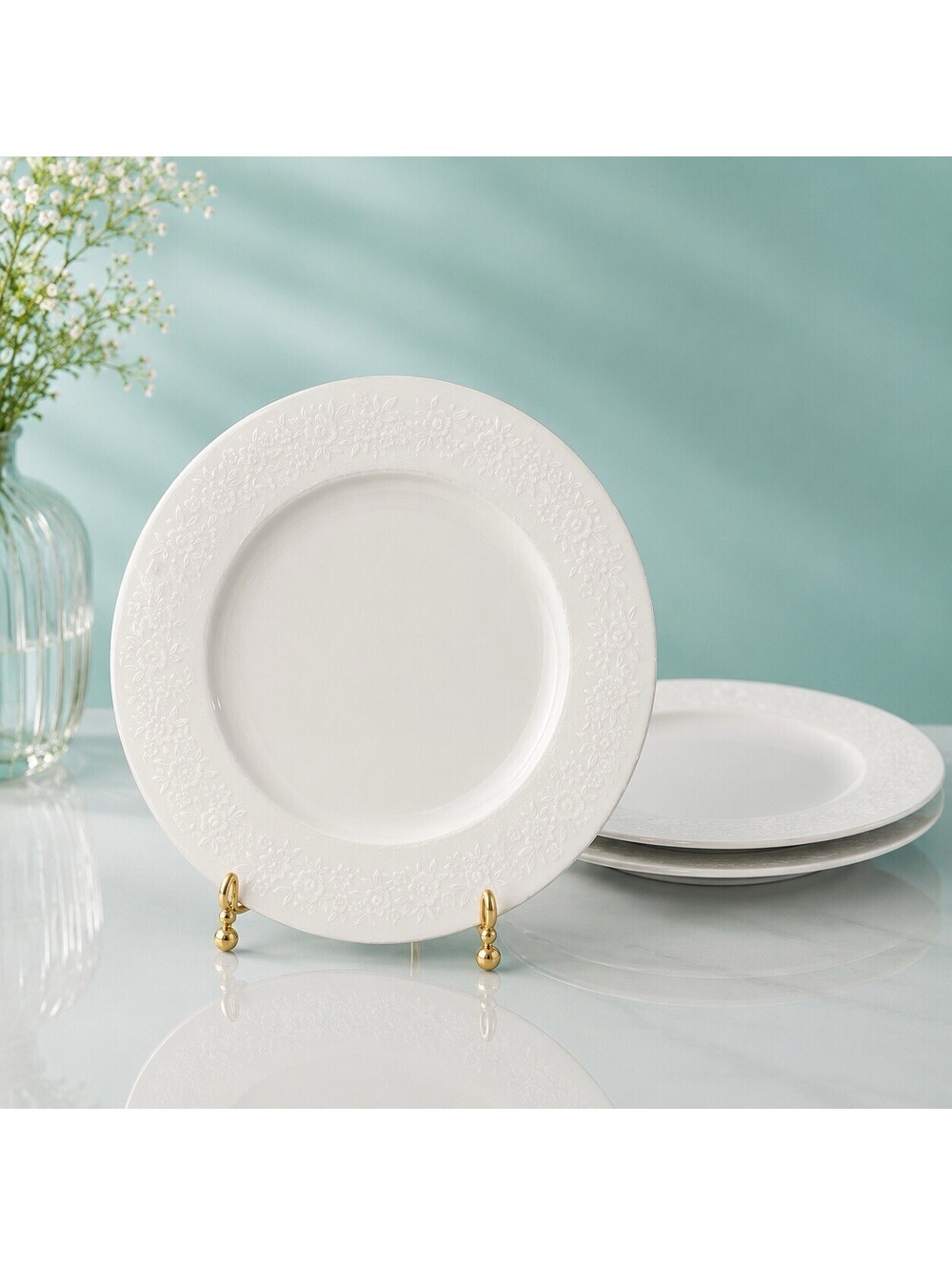 Dynasty Fine China 1990s Set Of 3 Dinner Plates Floral White, 10.5”